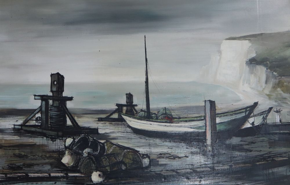 Franc B., oil on canvas, Fishing boat at low tide, signed and dated 63, 65 x 99cm, unframed